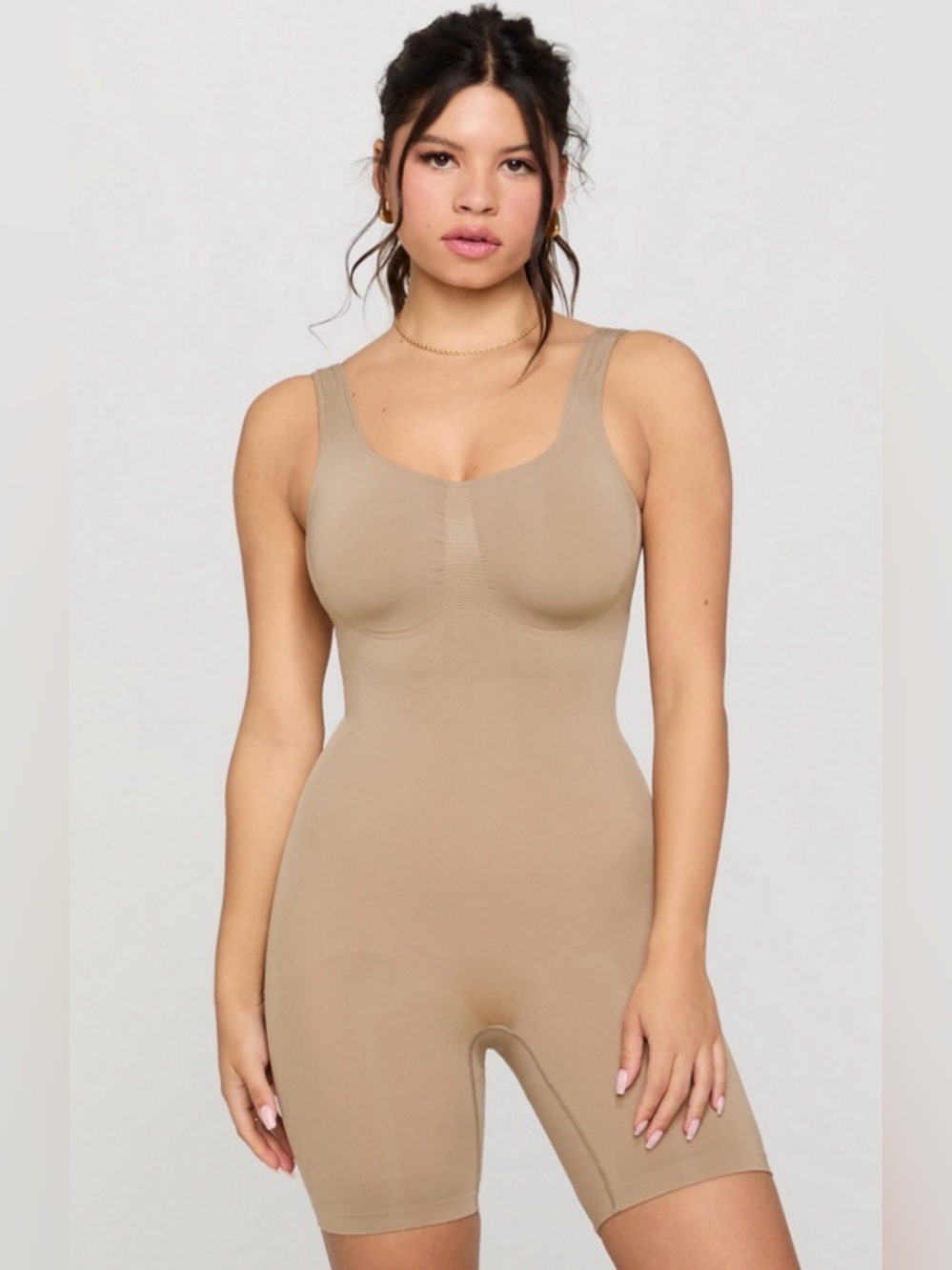 Yitty Iconic Nylon Nearly Naked Shaping Mid Thigh Bodysuit Beige Size M/L
